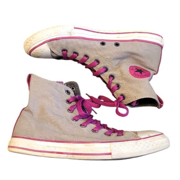 Converse Grey And Magenta Hi-Top Sneakers Size 4 - Picture 1 of 5